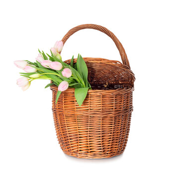 Bouquet of pink tulips in a basket