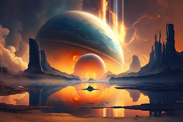 Saturn, the water and fire planet. Sci fi concept art. Generative AI