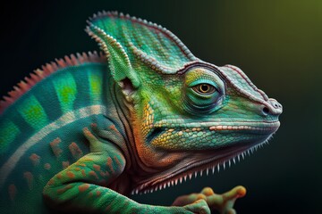 Camouflaged in Green: A Stunning Close-Up of a Long-Tailed Chameleon, Generative AI.