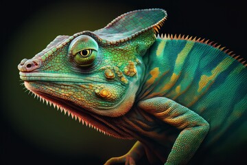 Camouflaged in Green: A Stunning Close-Up of a Long-Tailed Chameleon, Generative AI.