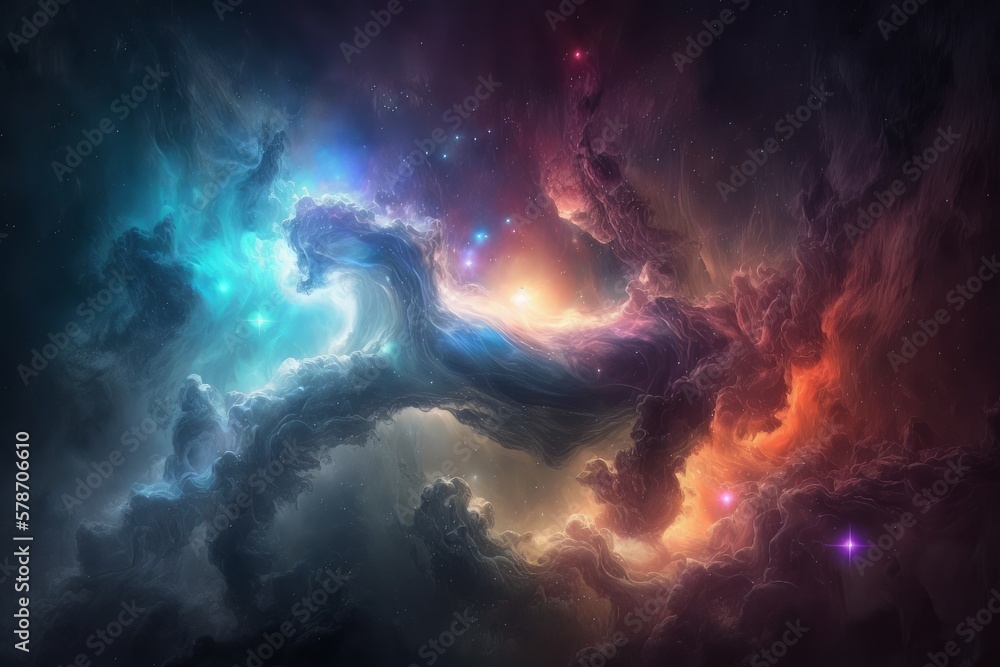 Poster exploring the mystical depths of the endless nebula galaxy in outer space, generative ai.