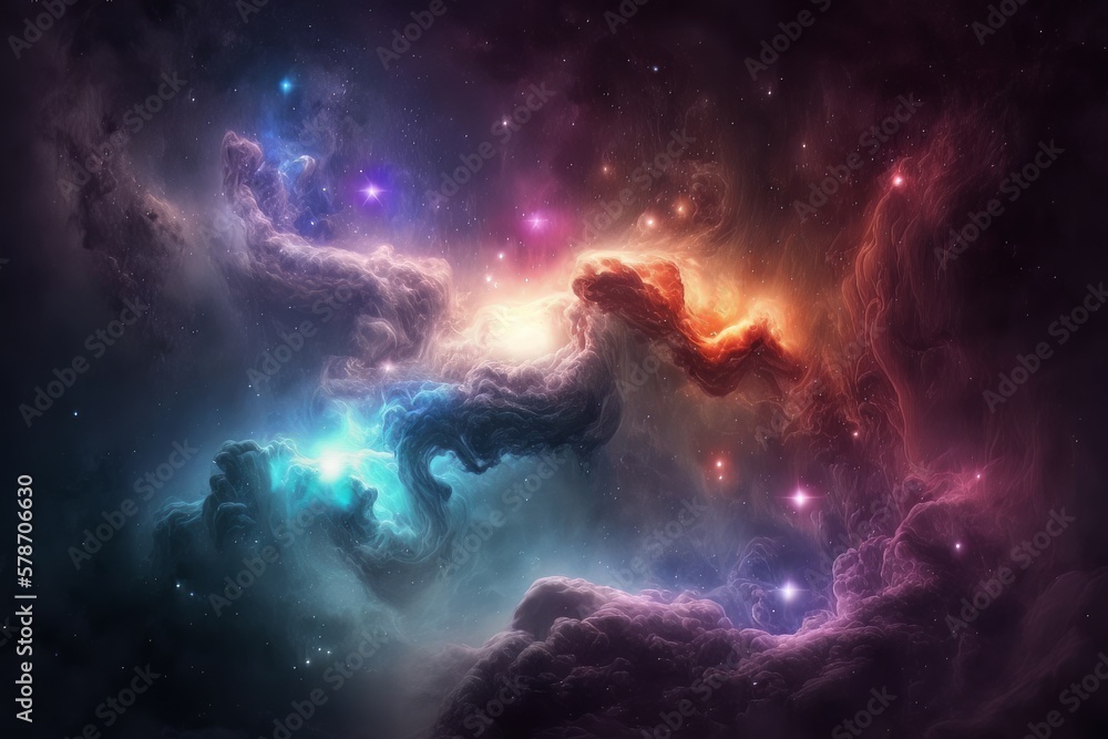 Poster exploring the mystical depths of the endless nebula galaxy in outer space, generative ai.