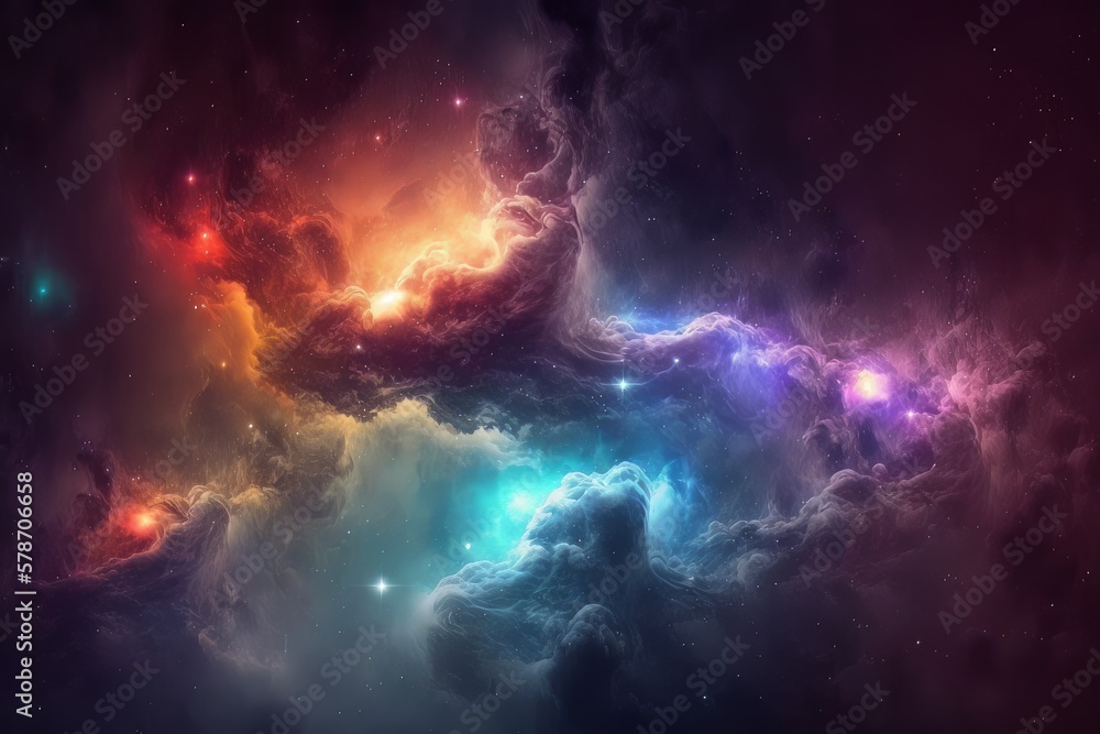 Poster exploring the mystical depths of the endless nebula galaxy in outer space, generative ai.