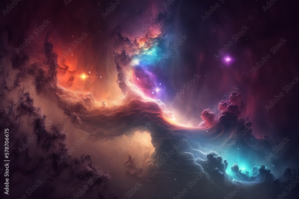 Poster exploring the mystical depths of the endless nebula galaxy in outer space, generative ai.