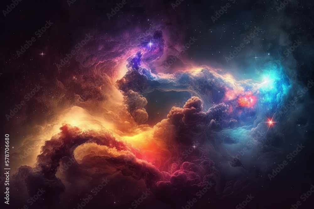 Poster exploring the mystical depths of the endless nebula galaxy in outer space, generative ai.