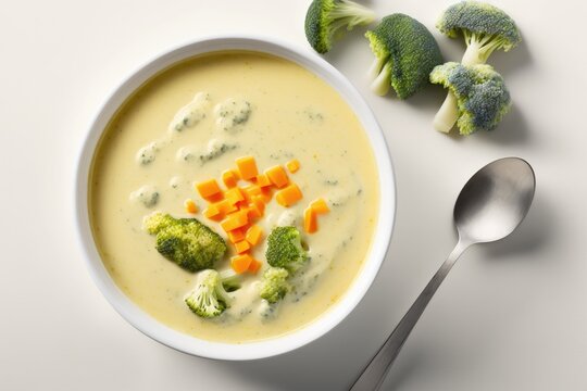 A close up of a bowl of broccoli cheese soup including chicken broth, cream, and carrots on a white kitchen table. Generative AI
