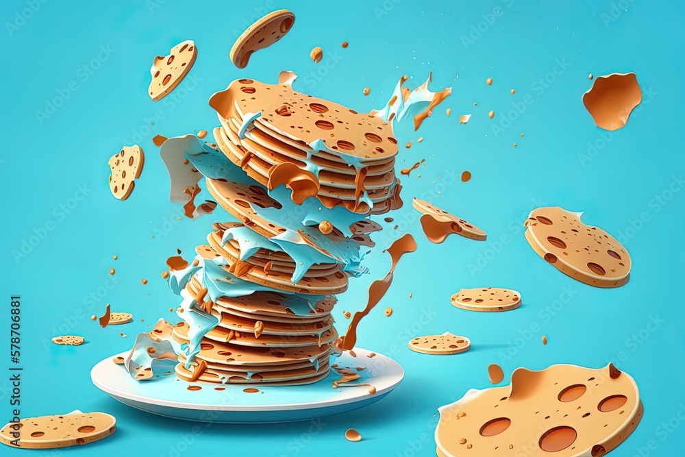 Poster pancakes rip and float on a blue backdrop in this selective focus image. generative ai