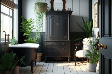 In a bright, airy, and boho chic bathroom replete with antique furniture, a smattering of plants, and a freestanding, classic bath with a towel holder, all set against a wooden floor in a black vintag