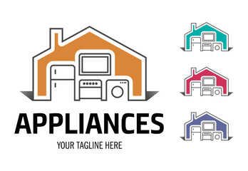 Modern minimalist home appliance store logo. Refrigerator stove and washing machine icon.