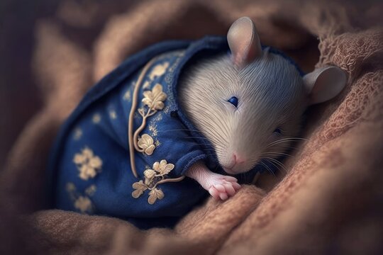 Little blue dressed mouse napping cutely. Generative AI