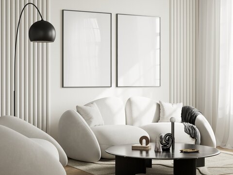 Two frames mockup with white sofa in a modern living room interior, 3d render