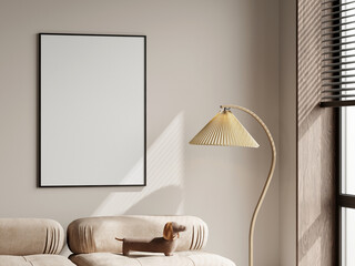 Frame mockup in modern living room interior with sofa, 3d render