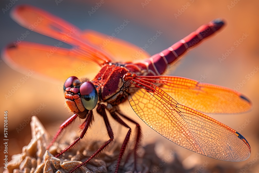 Poster an extreme, vertical macro image of a red dragonfly in its natural habitat. generative ai