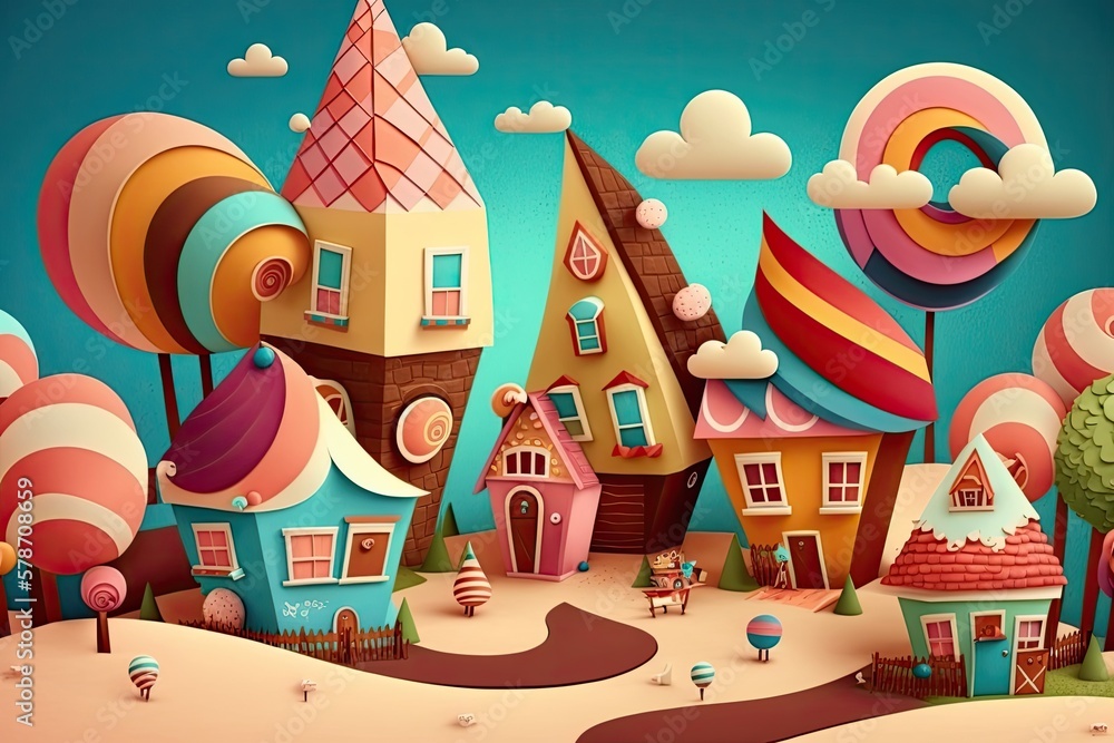 Wall mural sugary cartoon town full of colorful houses. generative ai