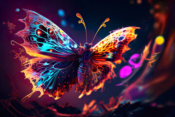 Fototapeta na wymiar Color butterfly. Beautiful magic butterfly light effect in the metaverse forest. Generative AI.