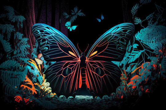 Color butterfly. Beautiful magic butterfly light effect in the metaverse forest. Generative AI.