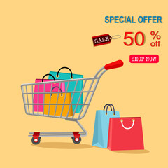 Shopping cart with colorfully shopping bags on orange background, purchasing and sale offer store item in e-commerce market, trade industry, promotion of shop market mall, vector illustration.