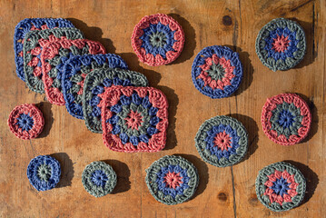 Top view of different crochet samples in same color scheme in ha