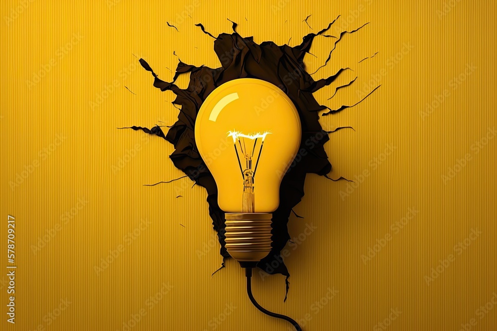 Poster yellow background with a large bulb light. generative ai