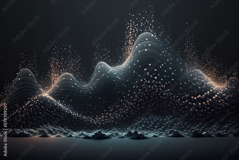Poster a particle's motion is like an abstract gradient wave. interconnected system of shiny points or dots