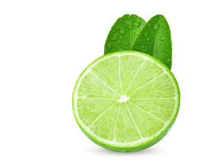 Natural fresh lime with water drops and sliced, green leaf isolated on white background