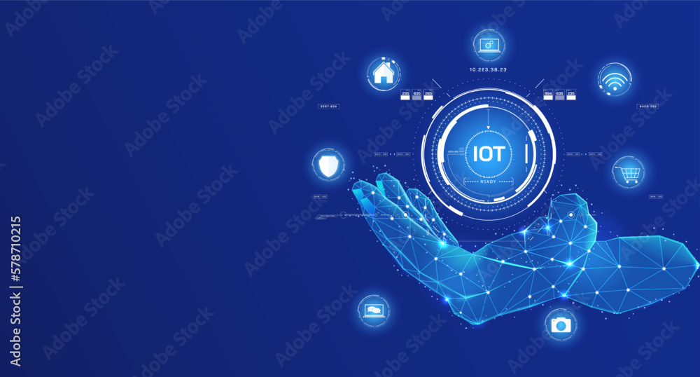 Aufkleber Abstract low poly hand turn the palm up with IoT device icons concept. Digital internet of thing technology vector. Smartphone application on hud circle concept.