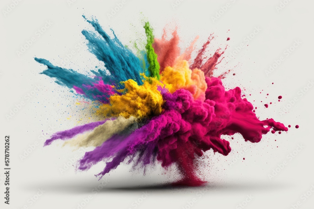 Poster Scene of a rainbow of Holi powder exploding against a white background. Generative AI