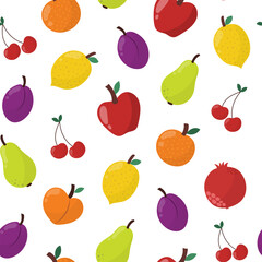 Fresh fruits seamless pattern in cartoon style. Healthy food doodle background with apple, cherry, lemon, plum. Vector illustration
