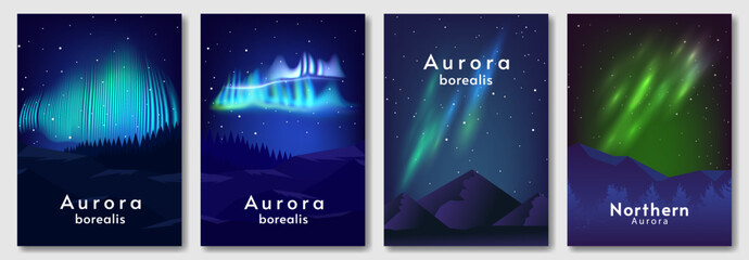 Set of posters. Aurora landscape. Night starry sky. Design for cover, poster, banner, postcard, invitation. 