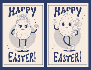 Happy Easter posters collection. Retro trendy groovy cartoon characters easter eggs with flowers. Monochrome palette. Modern vintage cute mascot. Vector illustration. Isolated vertical postcards.