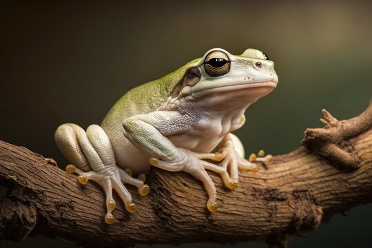 Animal closeup, amphibian closeup, Australian white tree frog on branch, squatty frog on branch. Generative AI