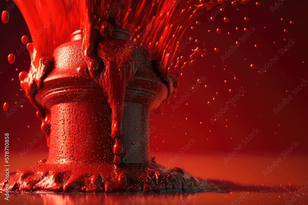 Poster extreme close up of water gushing out of a red fire hydrant. generative ai