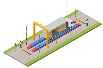 Isometric Container car on the weighing scale Cargo transport, Truck trailer with container. Loaded trailer truck on weighbridge. Weighing control platform.