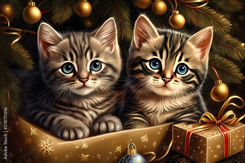 Poster cute christmas scene with two kitties in front of a tree generative ai