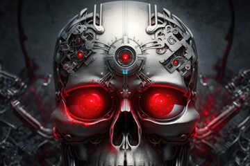 Fototapeta premium Cybernetic technology represented by red artificial eyes and a metallic robot skull. Generative AI