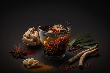 Create a potent health tonic by mixing Red ginseng, ginseng, cordyceps, and finely chopped herbs. Generative AI