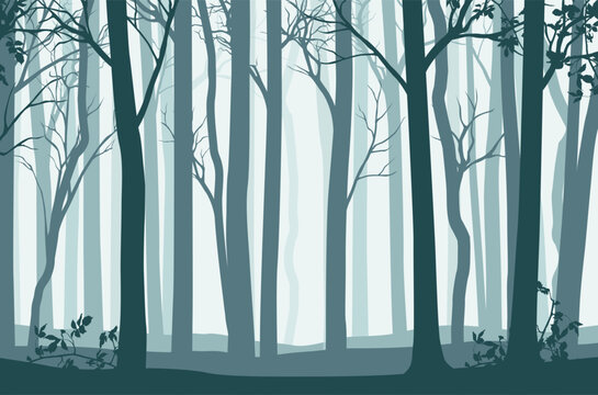 Vector blue landscape with silhouettes of trees in the misty forest