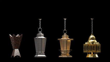 Obraz premium Arabic accessories Golden Ramadan Lanterns with alpha channel included. 3D illustration