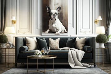 A gorgeous dog lounges on a contemporary beige sofa in an elegantly decorated living room. Template. Clearing house for copies. It's the dining room in the background. Generative AI