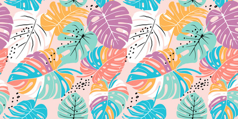 Hand drawn Monstera leaves seamless patterns for fabric, textiles, clothing, wrapping paper, cover, banner, interior decor, retro abstract backgrounds.  © Udomdech