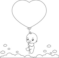 A cute newborn baby in the sky holding a heart shaped balloon. Vector black and white coloring page