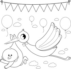 A stork flying in the sky and delivering a cute newborn baby. Vector black and white coloring page