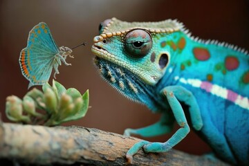 Obraz premium The chameleon spits at the dragonfly. Generative AI