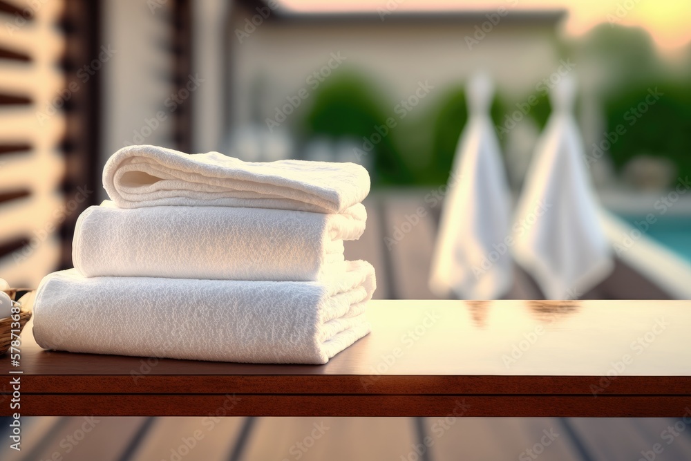 Poster towels on a table with a white wood top and a blurred background with copy space. in a montage of me