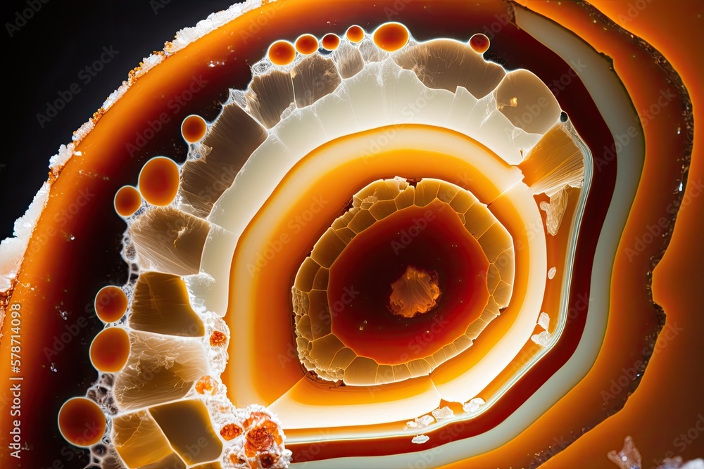 Aufkleber macro closeup of a cross section of a natural translucent agate crystal's surface, revealing the sto