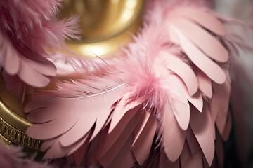a close up of pink feathers with a blurry background and a gold border around the edges of the feathers is a soft pink color, generative AI