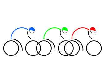 trois coureurs cyclistes en maillot rouge, vert et bleu sur fond transparent - obrazy, fototapety, plakaty