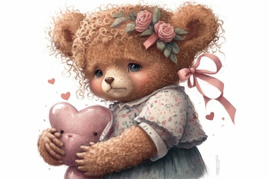 On a white background, a sweet little teddy bear girl wears a pretty pink bow and a bunch of hearts. Generative AI