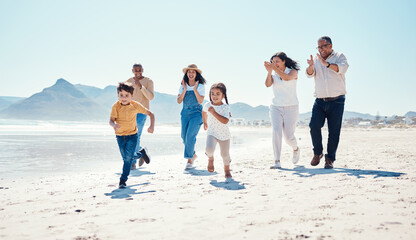 Black family, beach and children running on holiday with applause, outdoor and happiness in summer....