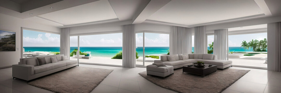 White modern villa interior with sea view wide image